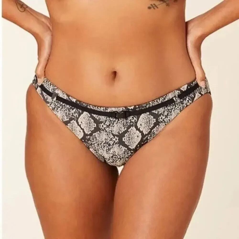 NWT AndieāRiviera Snakeskin Print Belted Bikini Bottom Medium Rise M Black Cream